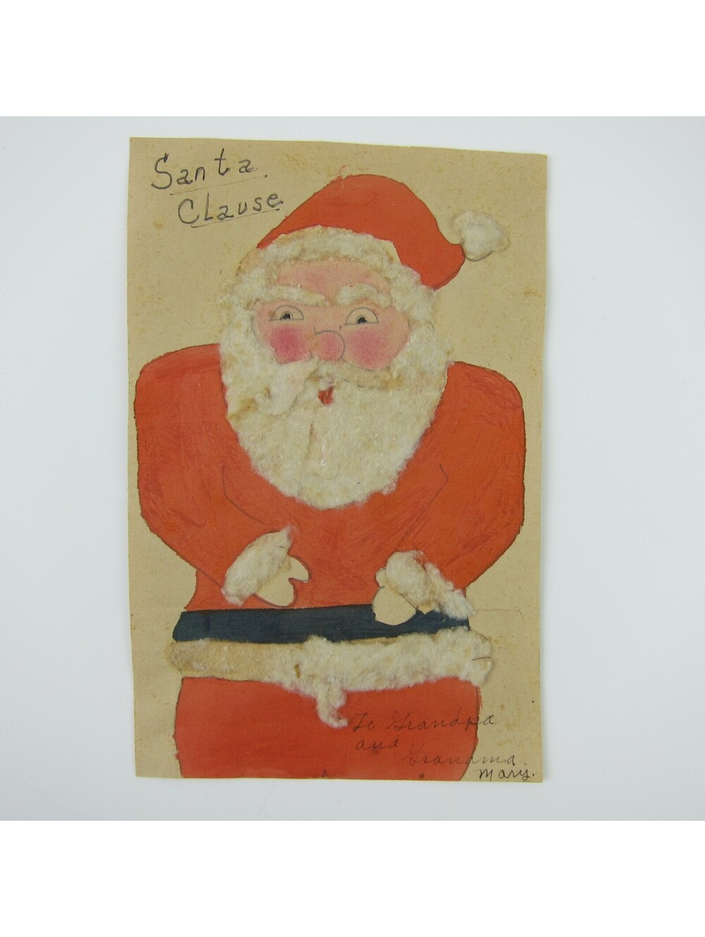 Vintage Christmas Card Handmade Santa Clause Red Suit White Cotton Trim & Hair
